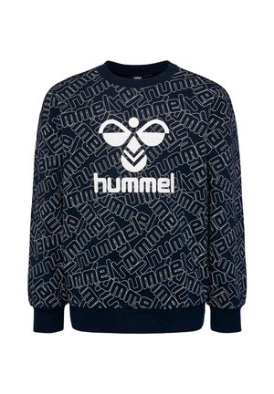 Marineblauer Sweatshirt mit sich wiederholendem weißem "hummel" Schriftmuster und großem weißem Hummel-Bienenlogo sowie Markennamen mittig auf der Vorderseite.