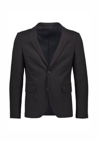 Zwarte op maat gemaakte blazer met een ingesneden revers, twee knopen en twee voorzakken met een gladde voering aan de binnenkant. Klassiek en strak ontwerp.