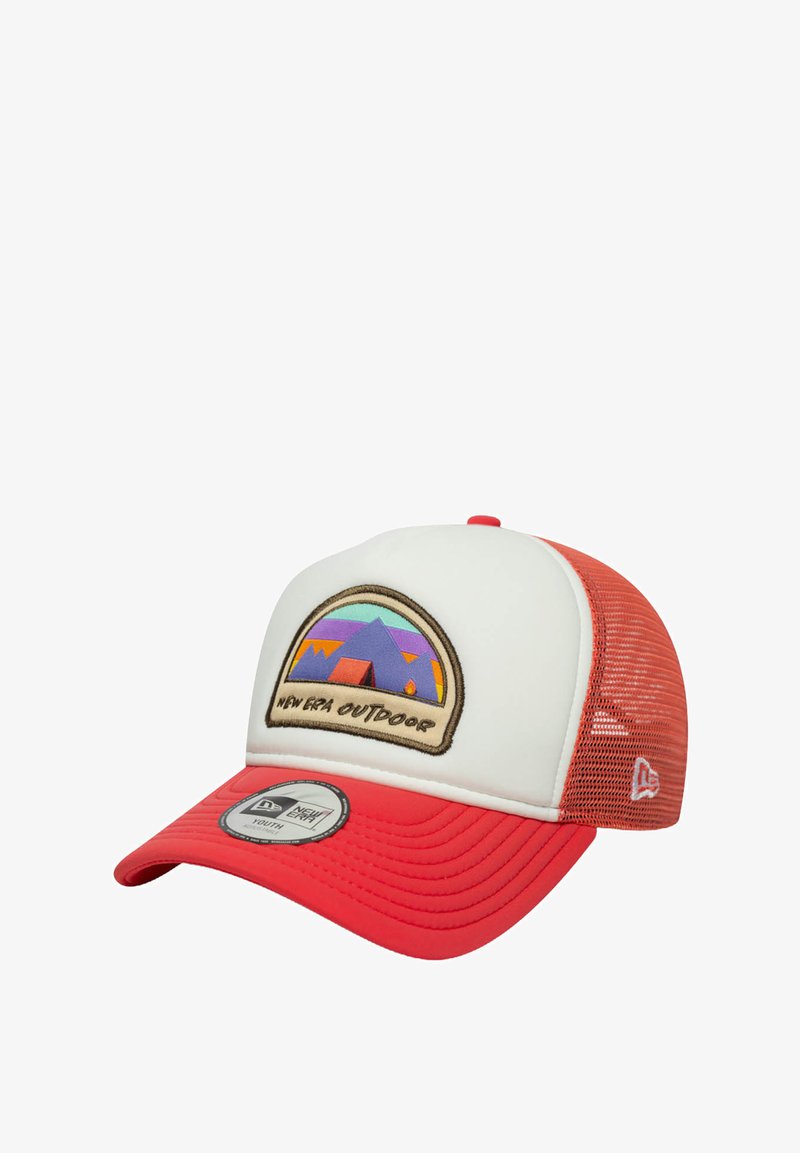 Red and white mesh trucker hat with a curved bill, featuring a multicolored embroidered mountain design and a circular brand patch on the front.