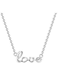 Collana d'argento con la parola "amore" in un carattere corsivo, con una catena sottile e una texture liscia, che enfatizza il design minimalista.