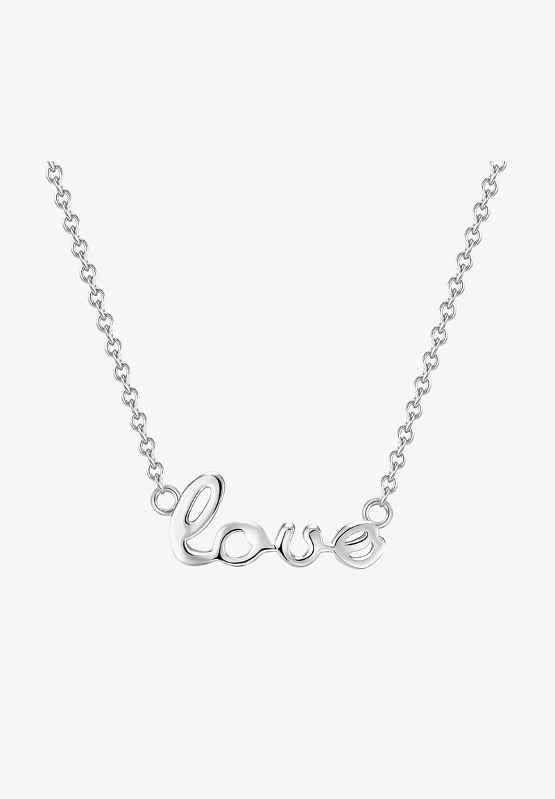 Collar de plata que presenta la palabra "amor" en una fuente cursiva, con una cadena delgada y textura suave, enfatizando un diseño minimalista.
