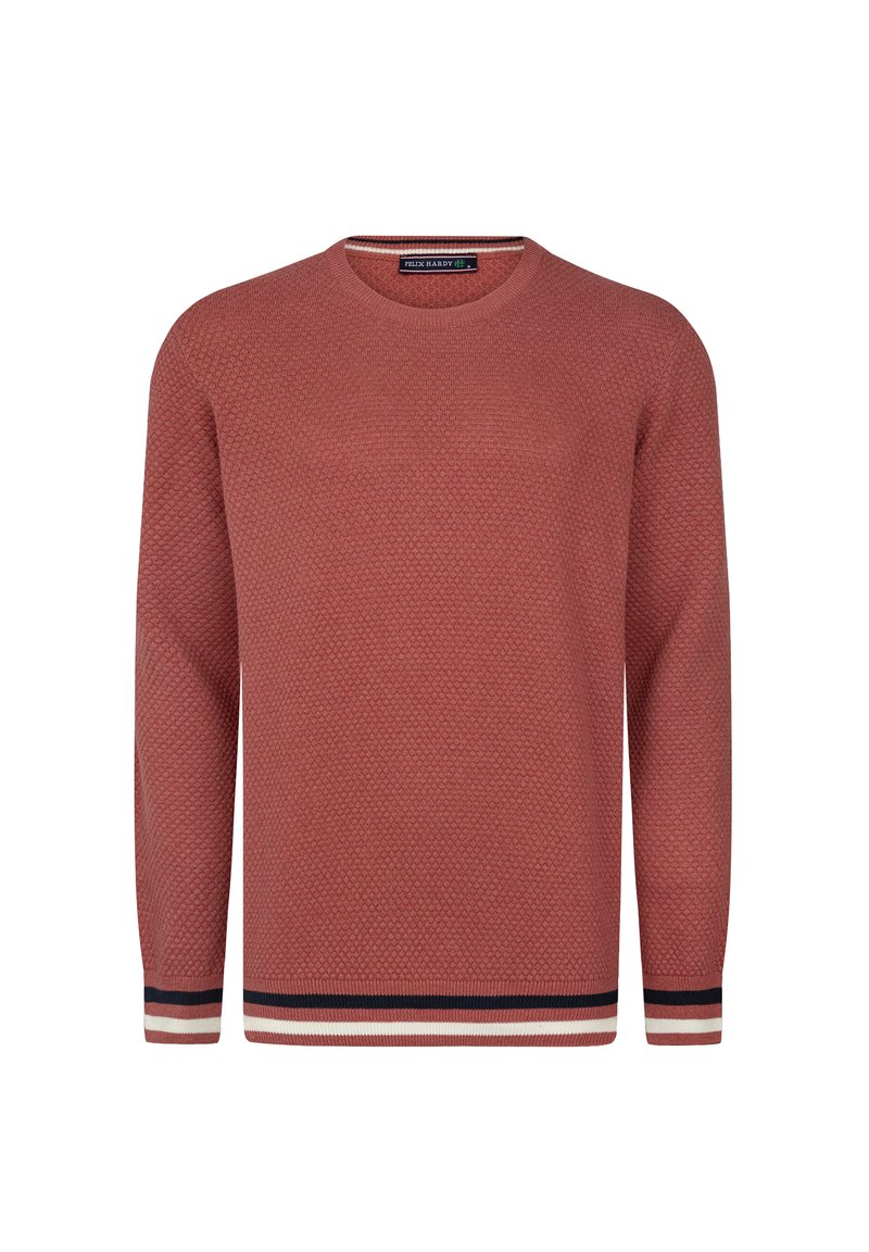 Rode gestructureerde sweater met een ronde hals en lange mouwen. Bevat gestreepte accenten in marineblauw, crème en roest bij de manchetten en de zoom.