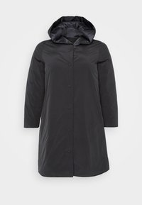 Μαύρο γεμιστό παλτό με κουκούλα, διαθέτει κλείσιμο με κουμπιά, μακριά μανίκια και λεία, γυαλιστερή υφή. Απλός και λειτουργικός σχεδιασμός.