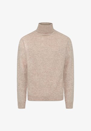 Maglione beige con collo alto realizzato in morbido tessuto lavorato a maglia, dotato di maniche lunghe e finiture a coste sui polsini e sull'orlo.