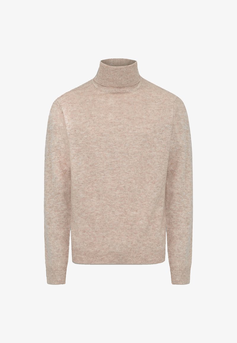 Pull en maille beige à col roulé, composé d'un matériau doux, avec un col haut, des manches longues et un bord côtelé aux poignets et à l'ourlet.