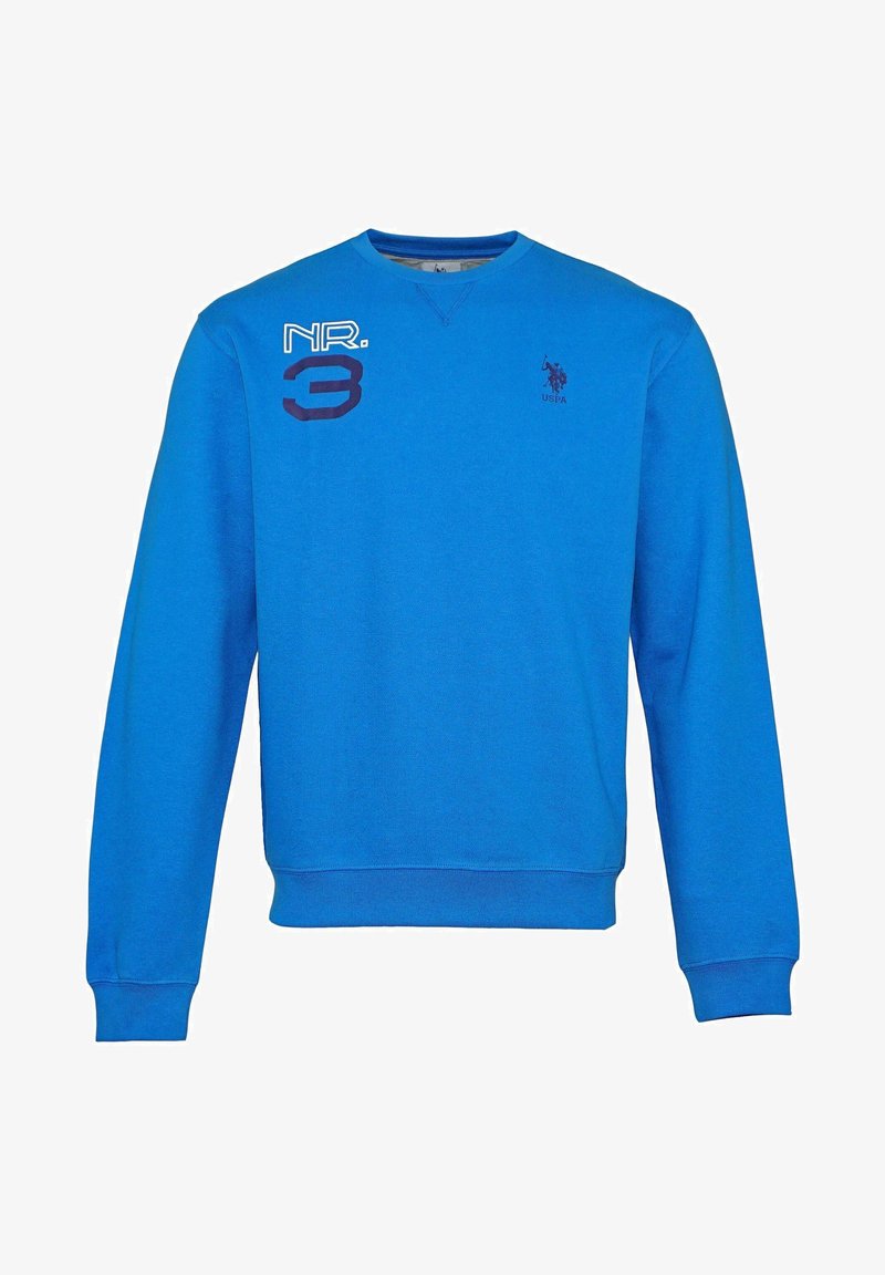 Sweat-shirt bleu à manches longues avec col rond, texte "NR. 3" en haut à gauche et logo US Polo Assn. en haut à droite sur la poitrine.