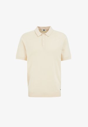 Polo a maniche corte in tessuto beige chiaro. Presenta un colletto classico, una chiusura con tre bottoni e un orlo a coste. Texture liscia, senza fantasie.