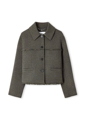 Zkrácená bunda v hnědém houndstooth vzoru, s límcem, čtyřmi silnými knoflíky, dvěma předními kapsami a detaily roztrhaného lemování.