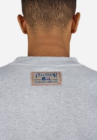 Gray sweatshirt featuring a ribbed collar and a rectangular woven label on the back. The label displays the brand name "Pegador" in blue.