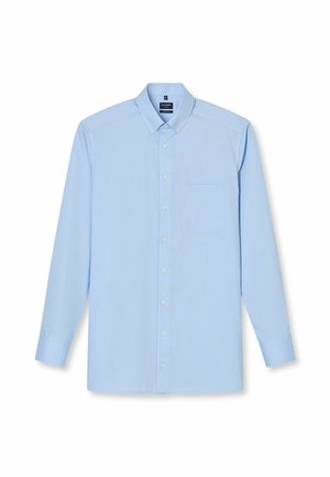 Lichtblauw overhemd met lange mouwen, gemaakt van gladde stof, met een puntige kraag, een enkel borstzakje en klassieke knoopsluiting.