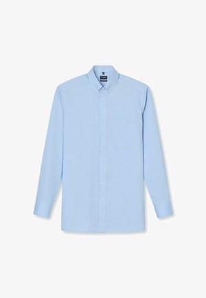Lichtblauw overhemd met lange mouwen, gemaakt van gladde stof, met een puntige kraag, een enkel borstzakje en klassieke knoopsluiting.