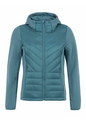Mėlynas zip-up džemperis su gobtuvu. Pusiau užpildyta priekinė dalis su chevrono raštu, raibos rankovės ir lygi tekstūra. Lengvas ir prigludęs dizainas.