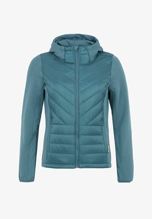 Tealfarbene Zip-up Jacke mit Kapuze. Verfügt über eine gepolsterte Vorderseite mit Chevron-Muster, gerippte Ärmel und eine glatte Textur. Leicht und tailliert geschnitten.