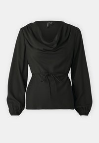 Haut noir à manches longues avec un col bénitier, des manches froncées et un détail de taille à nouer dans un tissu doux et texturé.