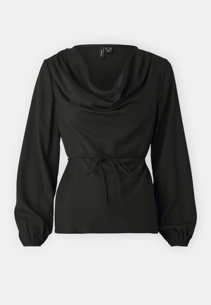 Črn dolgi rokav s cowl ovratnikom, nabranimi rokavi in detajlom z vrvico v mehani, strukturirani tkanini.