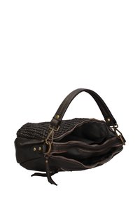 Sac à main en cuir tressé noir avec deux zips, deux compartiments principaux et une poignée structurée avec des accents en laiton.