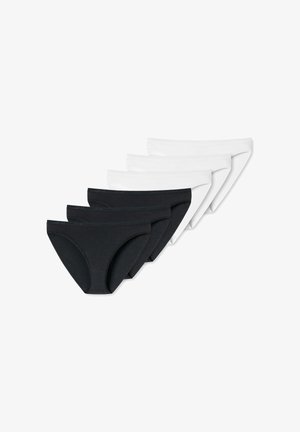 Three black and three white women's bikini-cut cotton underwear arranged in overlapping rows on white background.