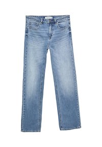Jean en denim bleu droit, avec un effet délavé, cinq poches et une braguette classique à boutons. Matière en coton avec des coutures visibles.