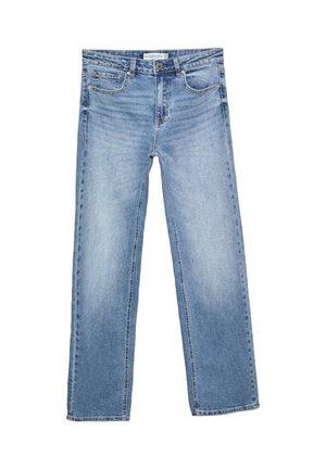 Jean en denim bleu droit, avec un effet délavé, cinq poches et une braguette classique à boutons. Matière en coton avec des coutures visibles.