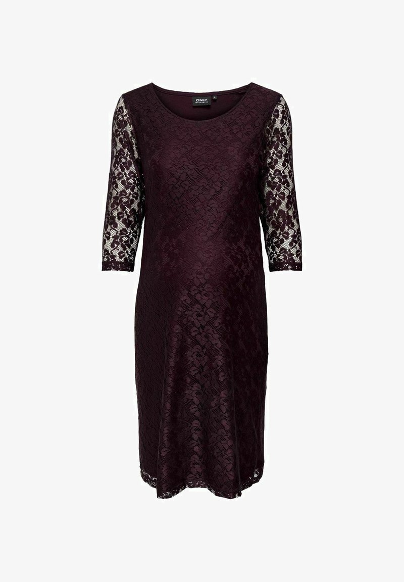 Robe de maternité en dentelle violet foncé longueur genou, manches trois-quarts en dentelle transparente et encolure ronde.