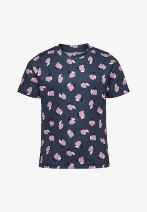 Granatowy t-shirt z krótkim rękawem, z różowym kwiatowym wzorem na całej powierzchni i okrągłym dekoltem.