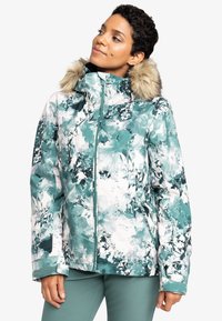 Teal jacket met bloemenpatroon, voorzien van een faux fur kraag, ritssluiting en zijzakken. Gemaakt van waterafstotend materiaal en heeft een gestructureerde pasvorm.
