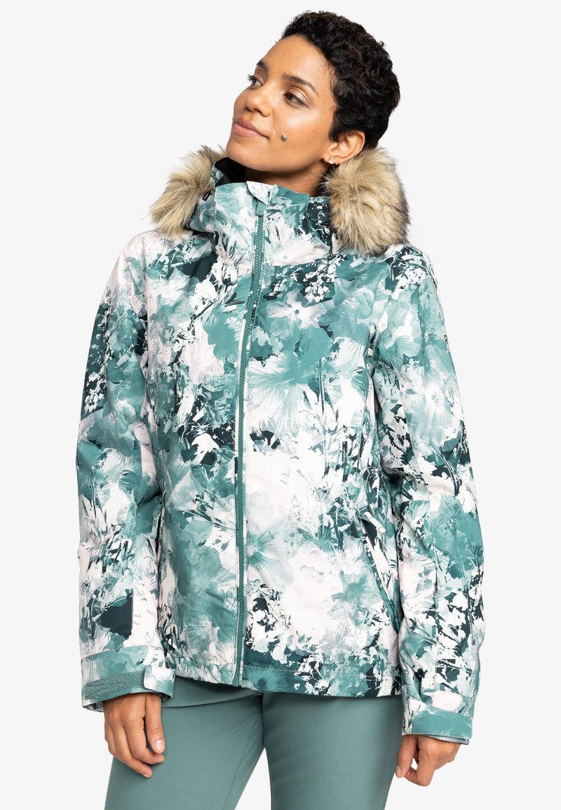 Teal jacket met bloemenpatroon, voorzien van een faux fur kraag, ritssluiting en zijzakken. Gemaakt van waterafstotend materiaal en heeft een gestructureerde pasvorm.