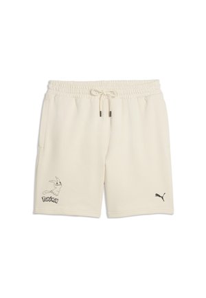Beżowe szorty z troczkiem i elastycznym pasem, logo Puma na prawej nogawce oraz kontur Pikachu z napisem „Pokémon” na lewej nogawce.