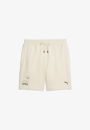Shorts beige à cordon de serrage avec taille élastique, logo Puma sur la jambe droite, et Pikachu en contour avec le texte "Pokémon" sur la jambe gauche.