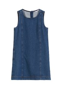 Denim zonder mouwen jurk in donkerblauw met een ronde halslijn, zijkanten en een ritssluiting aan de achterkant. Glad textuur en casual ontwerp.