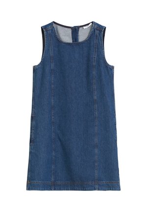 Denim sleeveless dress in dark blue with a round neckline, side seams, and a zipper closure at the back. Smooth texture and casual design.