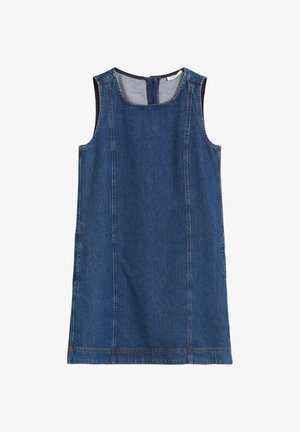 Mørkeblå denimkjole uten ermer med rund hals, sidesømmer, og glidelås bak. Glatt tekstur og uformelt design.