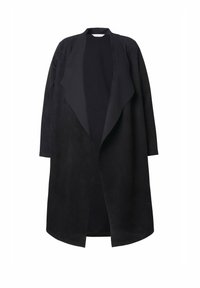 Schwarze Wildleder-Open-Style-Jacke mit drapiertem Vorderteil, langen Ärmeln und lockerer Passform. Sie zeichnet sich durch eine glatte Textur und ein minimales Design aus.
