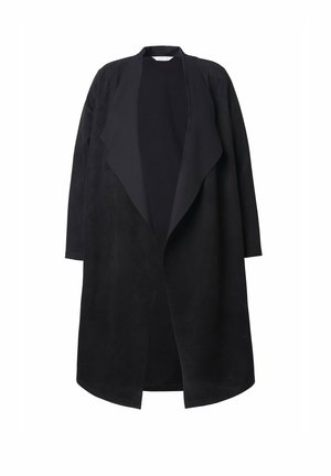 Manteau open en suédine noire avec un col drapé, des manches longues et une coupe décontractée. Présente une texture lisse et un design minimaliste.