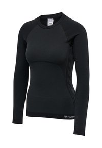 Zwarte sportlongsleeve met gestructureerde mouwen, aansluitend design, ronde halslijn en klein wit "hummel"-logo nabij de zoom.