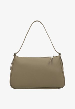 Beige leren schoudertas met een enkele handgreep, ronde vorm, zichtbare stiksels en een ritsvak aan de bovenkant.