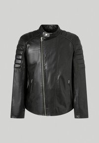 Svart läderjacka med dragkedja, med kviltade axelinslag, slim fit och långa ärmar. Slät textur och minimalistisk design.