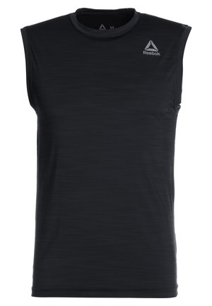 Musta, hihaton Reebokin urheilupaita, jossa on pyöreä pääntie ja pieni harmaa logo vasemmassa ylärinnassa.