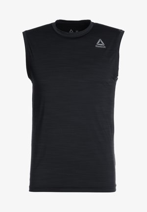 Camiseta deportiva sin mangas negra de Reebok con cuello redondo y pequeño logotipo gris en el pecho superior izquierdo.