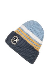 Berretto in maglia di colore azzurro chiaro, blu navy e bianco con strisce gialle. Presenta un logo rotondo sul polsino. Texture morbida e vestibilità aderente.