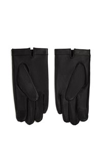 Sorte skinnhansker med en glatt tekstur, med et utskjæringsdesign ved mansjettene og forsterkede lapper på håndflatene.