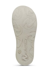 Bílá gumová podrážka obuvi s texturovaným vzorem, obsahující kruhové loga a výraznou ražbu "Naturno", včetně velikostního indikátoru "20".