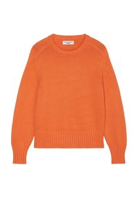 Maglione arancione lavorato a maglia con scollatura rotonda, maniche lunghe e polsini e orlo a costine. Realizzato in un tessuto morbido e lavorato.