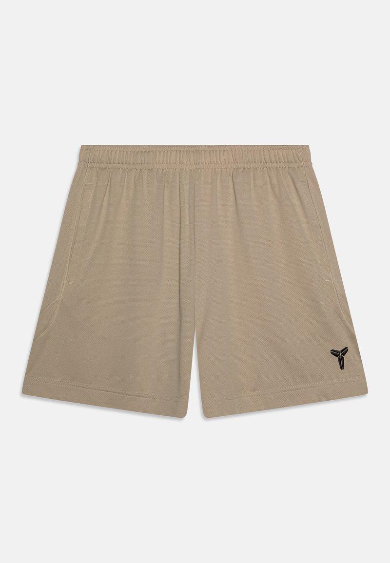 Beige treningsshorts laget av lett og pustende stoff. Har elastisk midje, side lommer og en svart logo aksent.