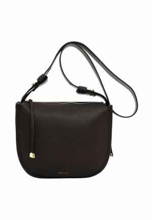 Braun genarbtes Leder-Umhängetasche mit einem glatten Design, ausgestattet mit einem Reißverschluss, verstellbarem Schultergurt und goldfarbenen Hardware-Akzenten.
