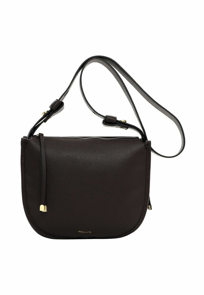 Borsa a tracolla in pelle marrone con superficie a ciottoli e design liscio, dotata di chiusura a zip, tracolla regolabile e finiture in metallo dorato.