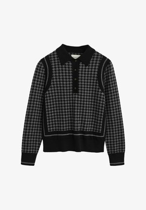 Langärmliger, schwarzer und grauer Pullover aus Strick mit Hahnentrittmuster, schwarzem Kragen und Knopfleiste.