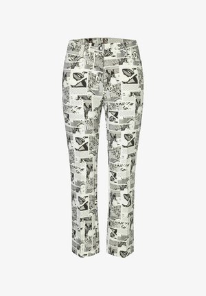 Trousers featuring a black-and-white comic strip pattern with various shapes and graphics. Made from lightweight fabric with a fitted design.