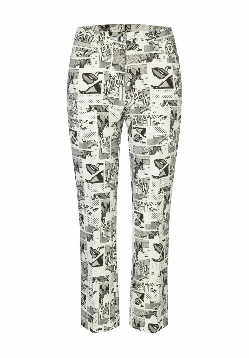 Trousers featuring a black-and-white comic strip pattern with various shapes and graphics. Made from lightweight fabric with a fitted design.