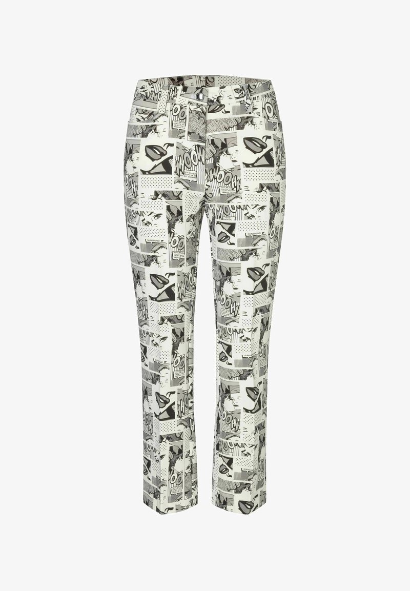 Trousers featuring a black-and-white comic strip pattern with various shapes and graphics. Made from lightweight fabric with a fitted design.